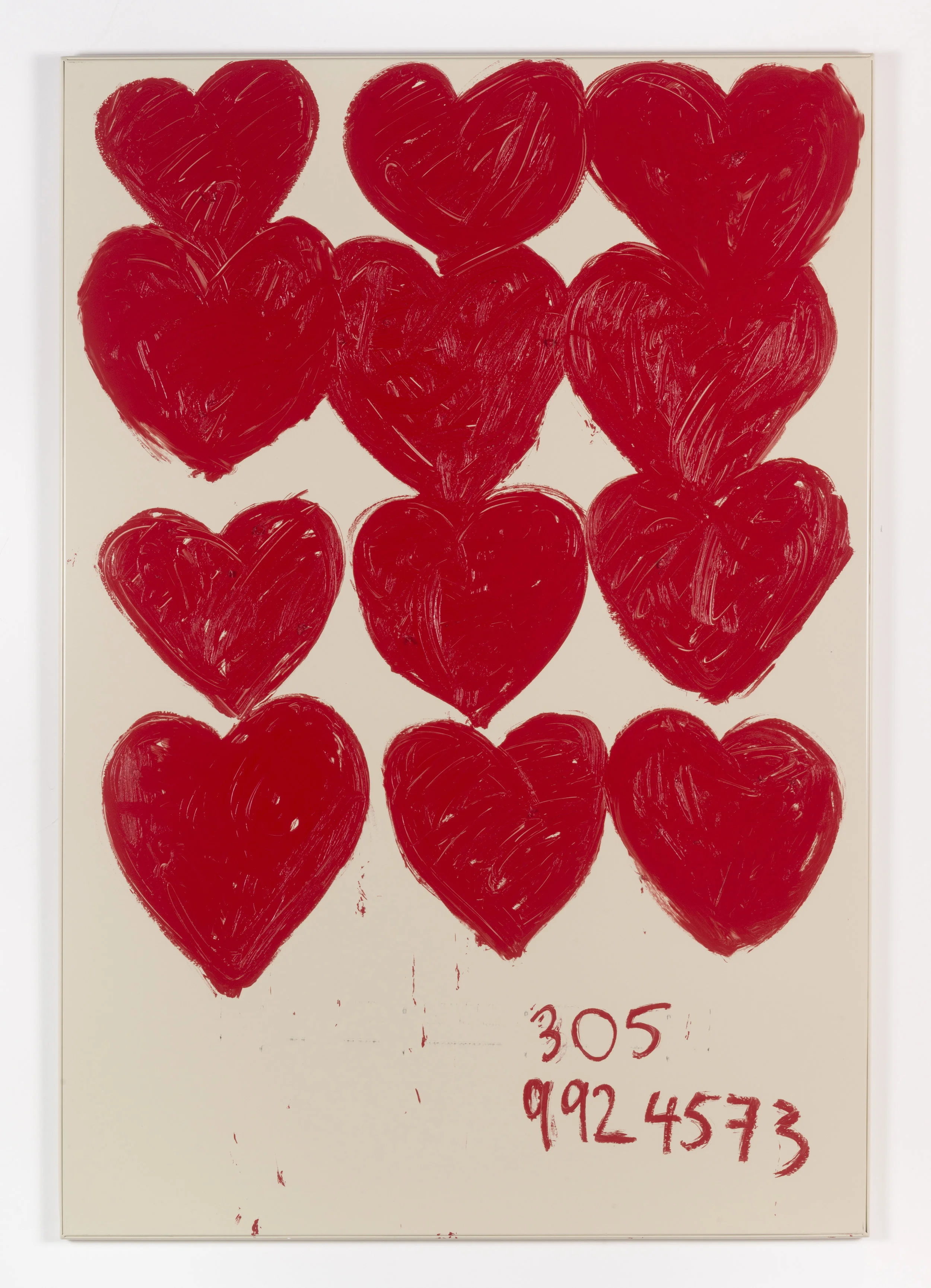 Jennifer Rubell, Three Hearts Times Four , 2018, oil stick on bathroom partition, 58 x 40 inches