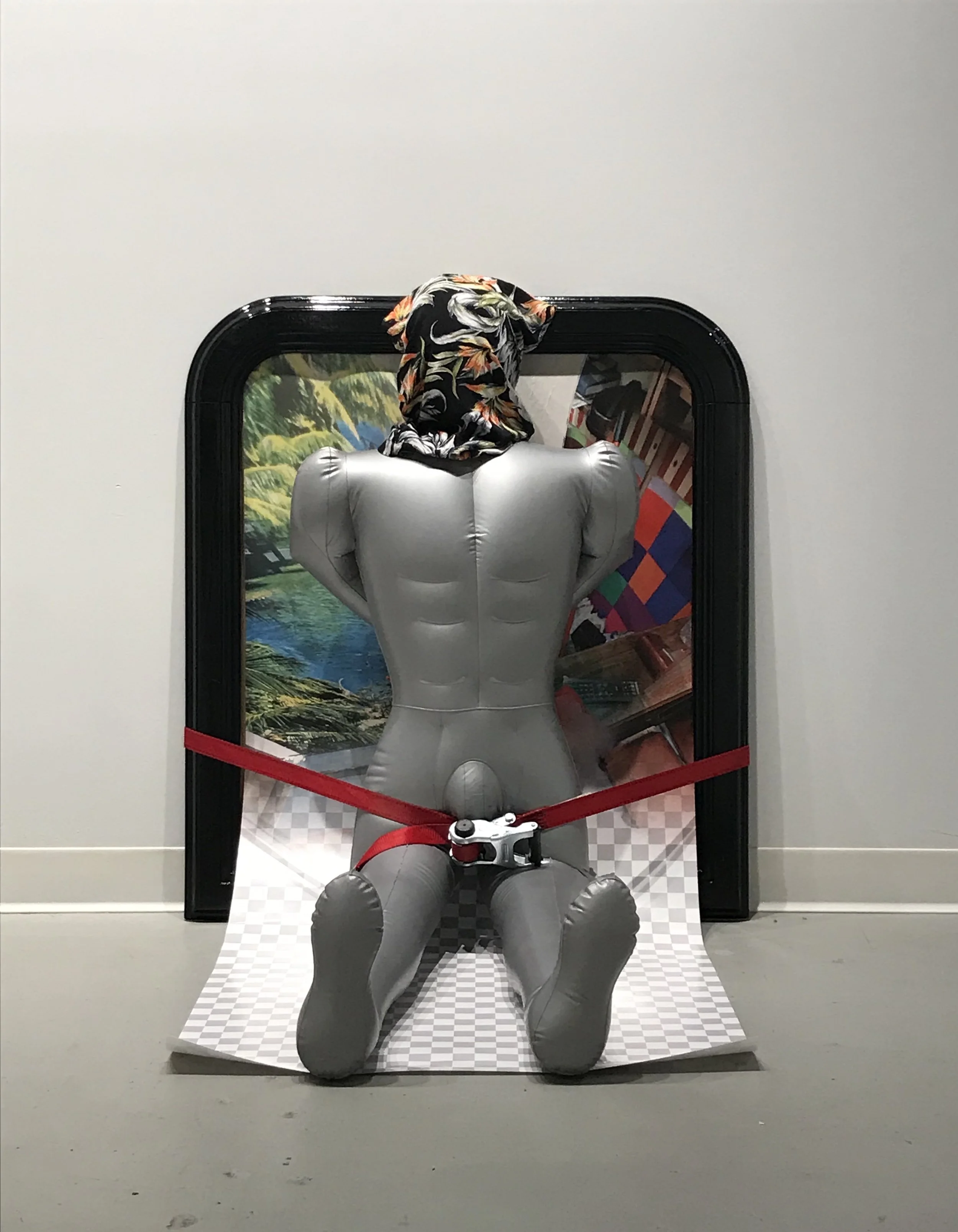 Lara Nasser, Flash Aloha Lost and Found, 2018, wood, enamel, archival print, inflatable plastic, ratchet strap, 40 x 32 x 29 inches