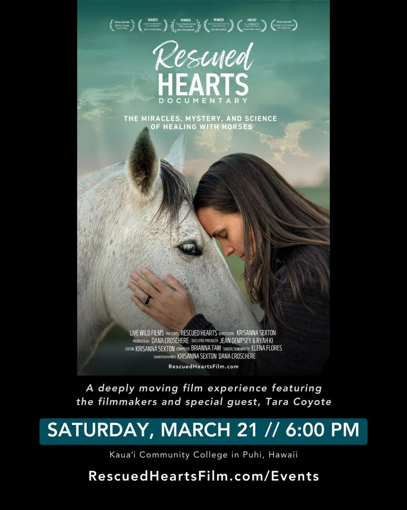 🎉Kauai ohana: I&rsquo;m so excited to share that the epic film about the healing power of horses @rescuedheartsfilm will be shown on March 21 at @kauaicommunitycollege - MARK YOUR CALENDARS! 🐴

Exploring the miracles, mystery, and science of healin