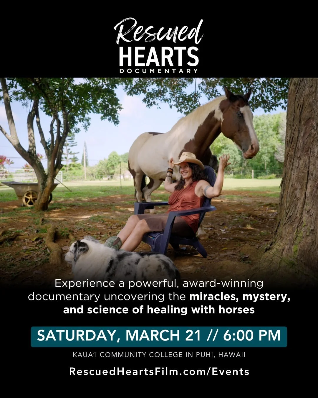 🔥 🐴 Today is the day we move into the year of the fire horse! 🎉Kauai ohana: I&rsquo;m THRILLED to share that the epic film about the healing power of horses @rescuedheartsfilm will be shown on March 21 at @kauaicommunitycollege - MARK YOUR CALENDA