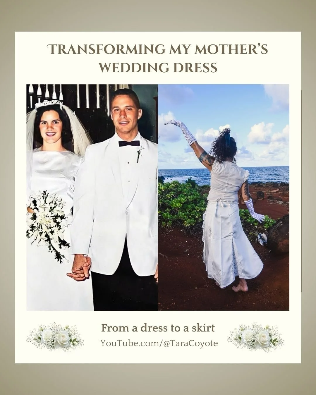 🕊️ New YouTube video: Transforming my Mother&rsquo;s Wedding Dress is up! 🎉

👉🏽 This a new 7 minute video on my Tara Coyote YouTube channel, write &lsquo;VIDEO&rsquo; in the comments &amp; I&rsquo;ll DM it to you! 👈🏽

My mother and father were 