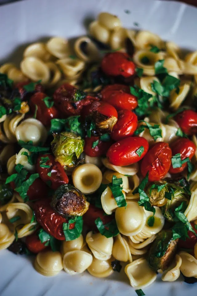 Eating In // Orechiette with Roasted Brussels Sprouts & Blistered Tomatoes