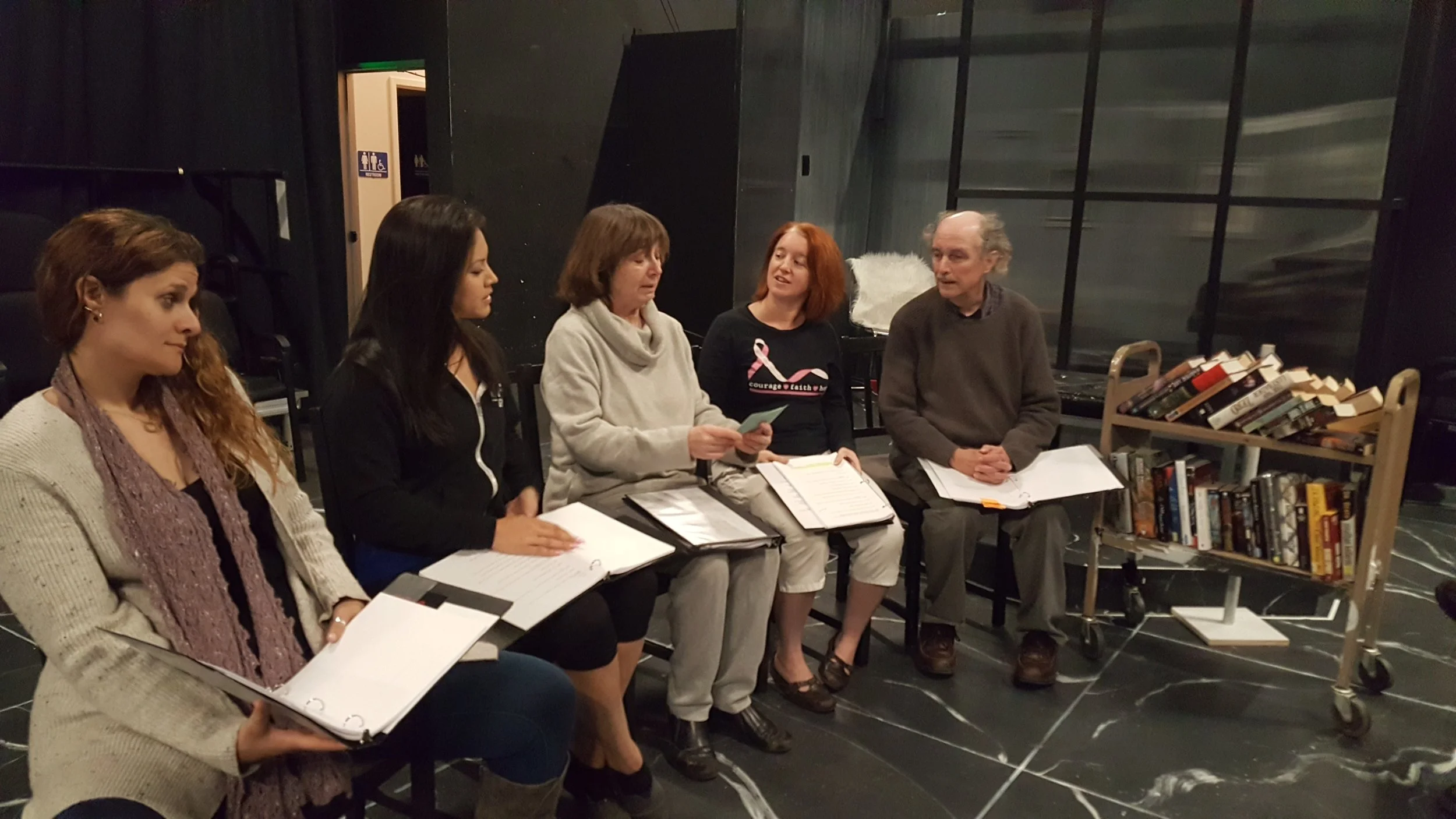 Pictured, left to right: Jennifer Sorkin, Heather Mae Steffen, Pear Theatre founder Diane Tasca, Stephanie Crowley, and Jim Johnson.