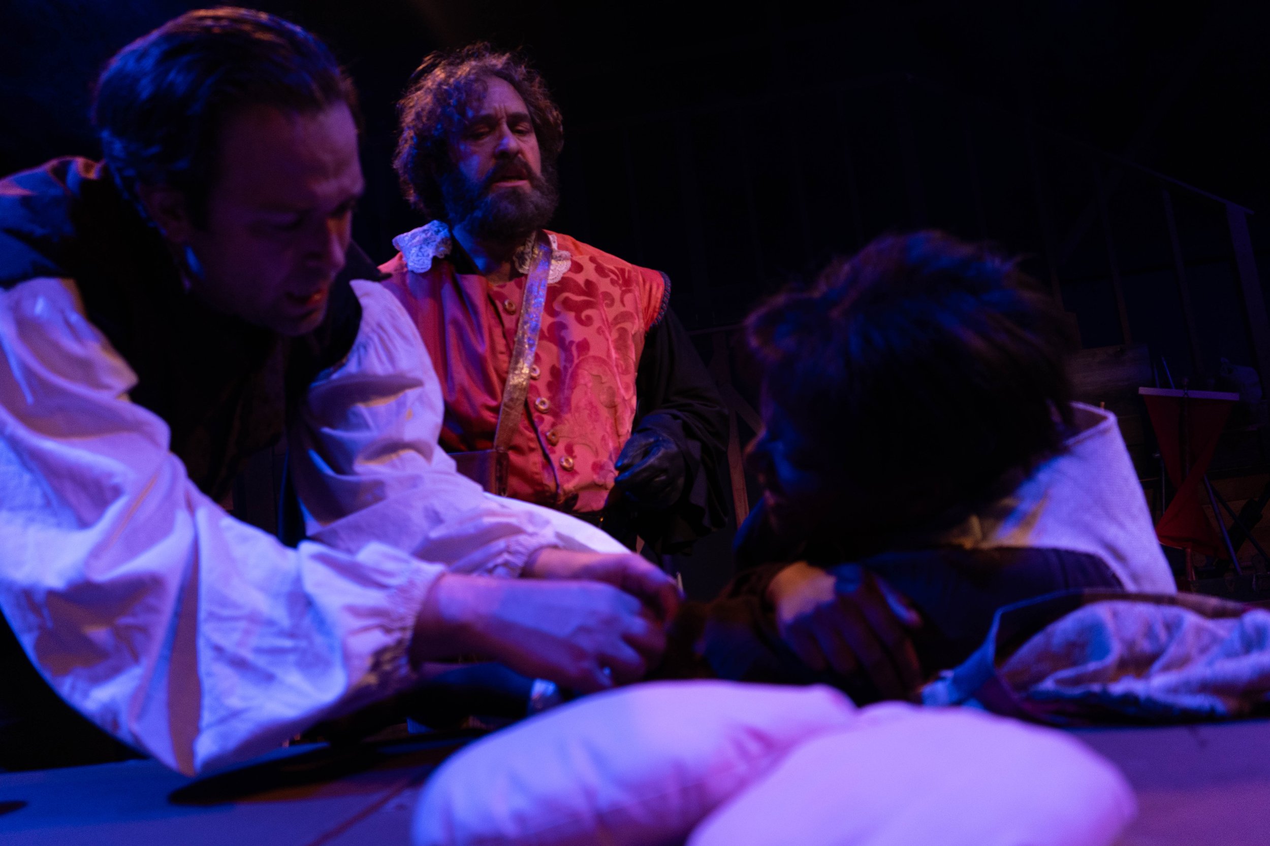  (L-R): William J. Brown III (William Shakespeare), Marc Berman (Sir Francis Bacon) and Nique Eagen (Kate Braithwaite) in  William Shakespeare’s The Land of the Dead  by John Heimbuch. 