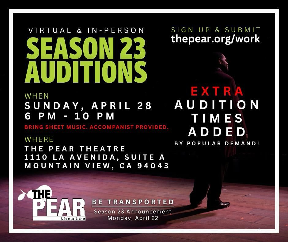 We are so excited to announce that additional audition time slots (6 pm - 10 pm) are now open for Sunday, April 28!  Non-AEA only.  Learn more and sign up via the link in our bio or at thepear.org/work

Break a leg!

#theatre #theater #bayareatheatre