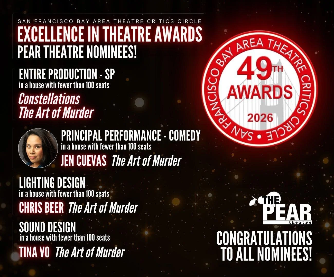 We are so thrilled to share Pear nominations for SFBATCC Excellence in Theatre Awards!

🏆 Entire Production - SP
&bull; &lsquo;Constellations'
&bull; &lsquo;The Art of Murder'

🏆 Principal Performance - Comedy 
(in a house with fewer than 100 seats
