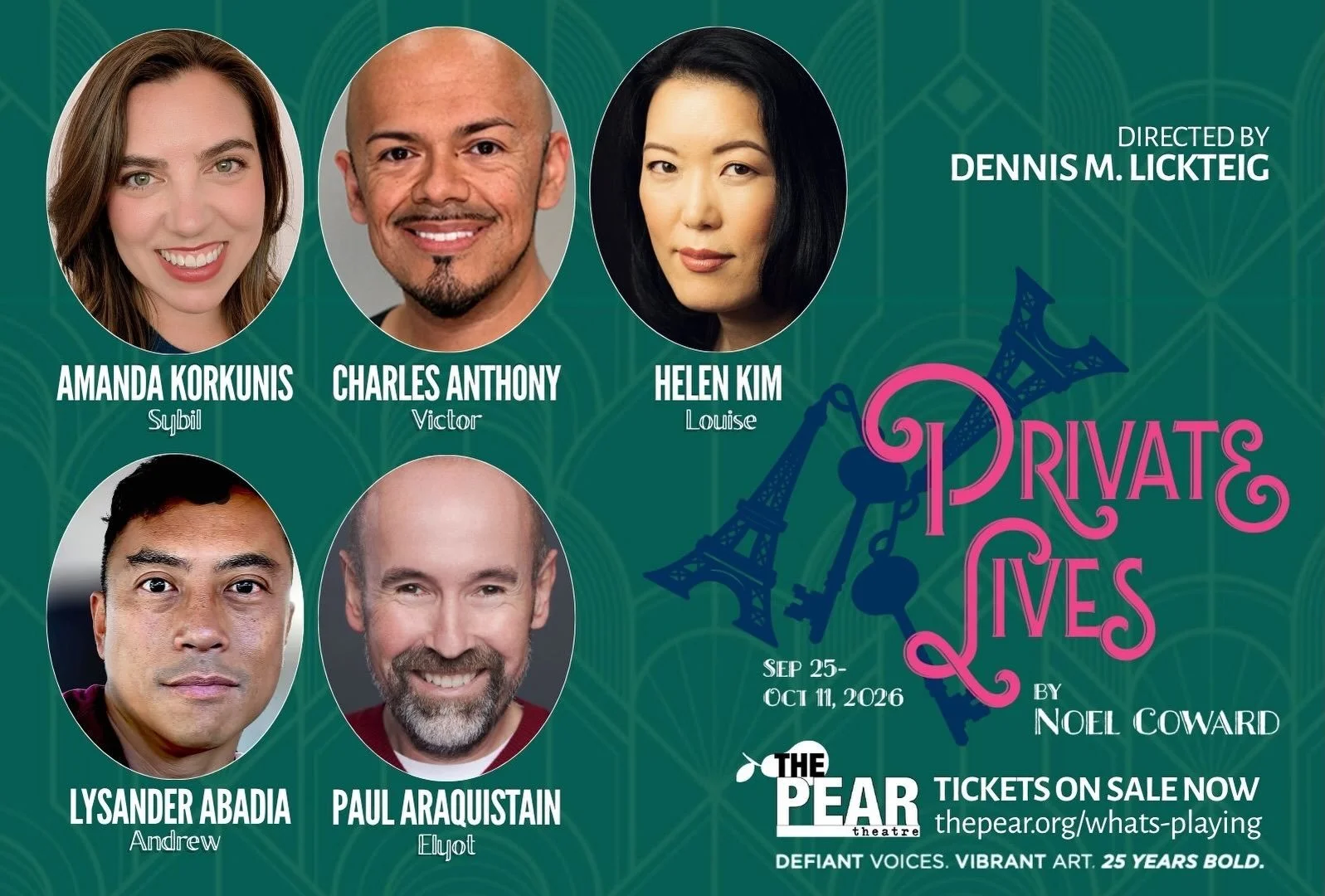 We are&nbsp;delighted to announce the cast of &lsquo;Private Lives&rsquo; by&nbsp;No&euml;l Coward! Directed by Dennis M. Lickteig. Playing Sept. 25 thru Oct. 11.

CAST
&bull; Lysander Abadia........Andrew 
&bull; Charles Anthony......&hellip;Victor
