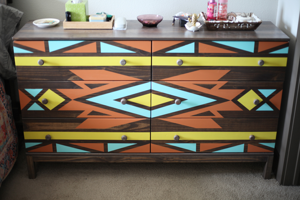 Stained, original design, hand painted Ikea Tarva Dresser - Southwestern design inspired