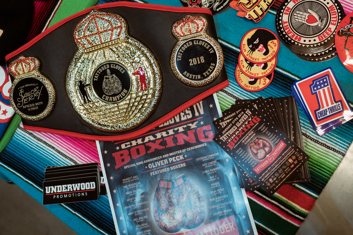  Promo materials for Tattooed Gloves, a Tattooer vs Tattooer amateur boxing event that raises funds for True South Relief and serves as the official after party of the Star of Texas Tattoo convention. 