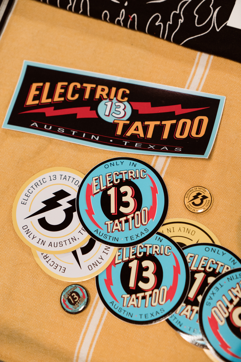  Pins and stickers from Electric 13 Tattoo in Austin 