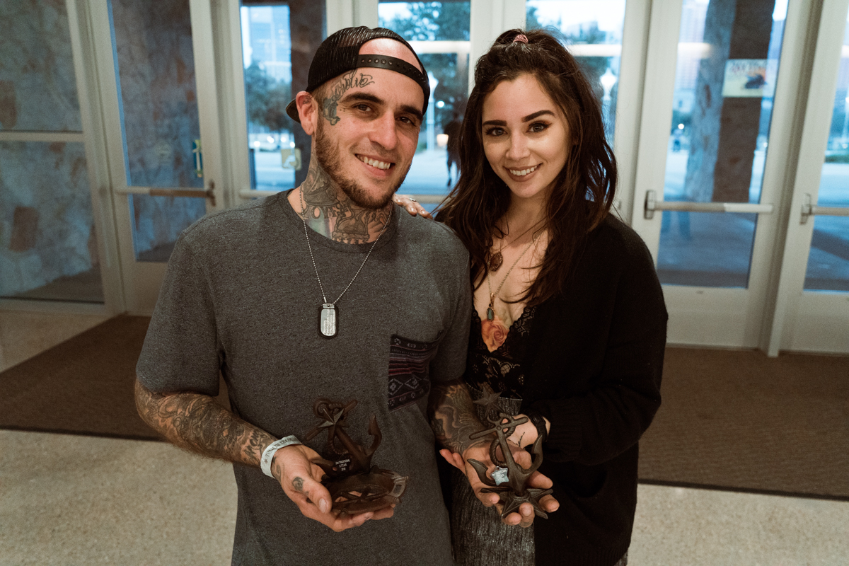  Texas Inked Pro Team Artist Matt Kurth of Beaumont shows off two awards he picked up this weekend with his beautiful wife Peyton by his side. 