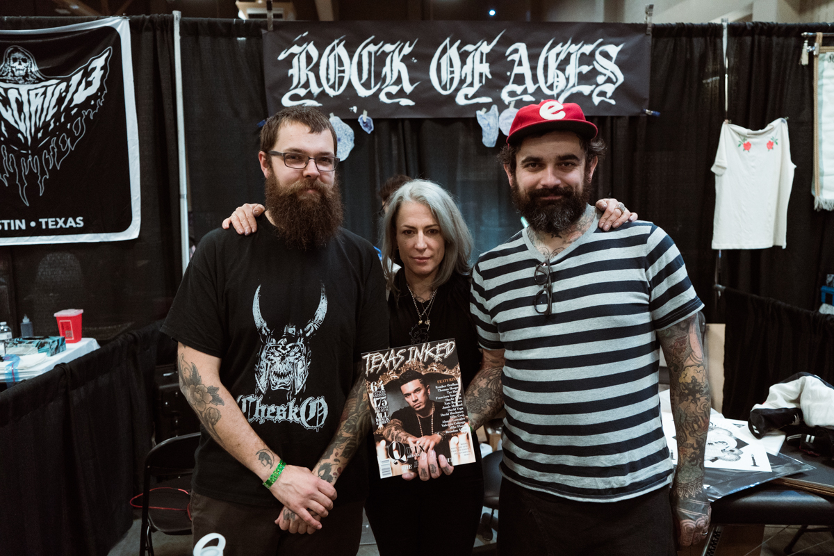  Rock of Ages artists gather to hold up the latest copy of Texas Inked Magazine, No. 08: The Black Issue, where you will find work from all three inside! (From L to R, Keenan Bouchard, Katja Ramirez, Thomas Hooper) 