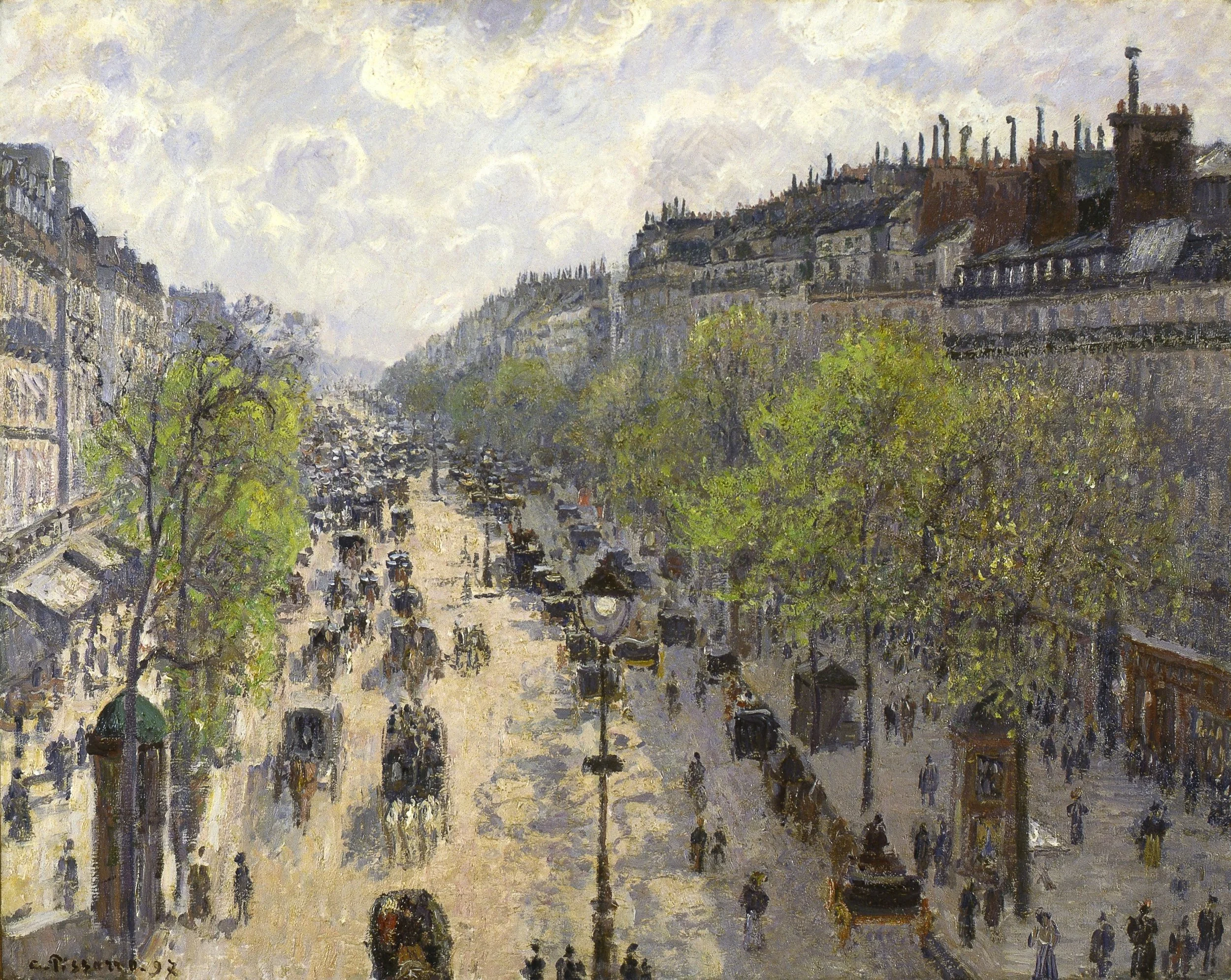 The architect of Paris, Haussmann, determined the heights of his buildings based on the width of the street. As shown in this painting by Pissarro, the shadows appear restrained to the bodies of the buildings and allow light to enter the windowed spaces parallel.