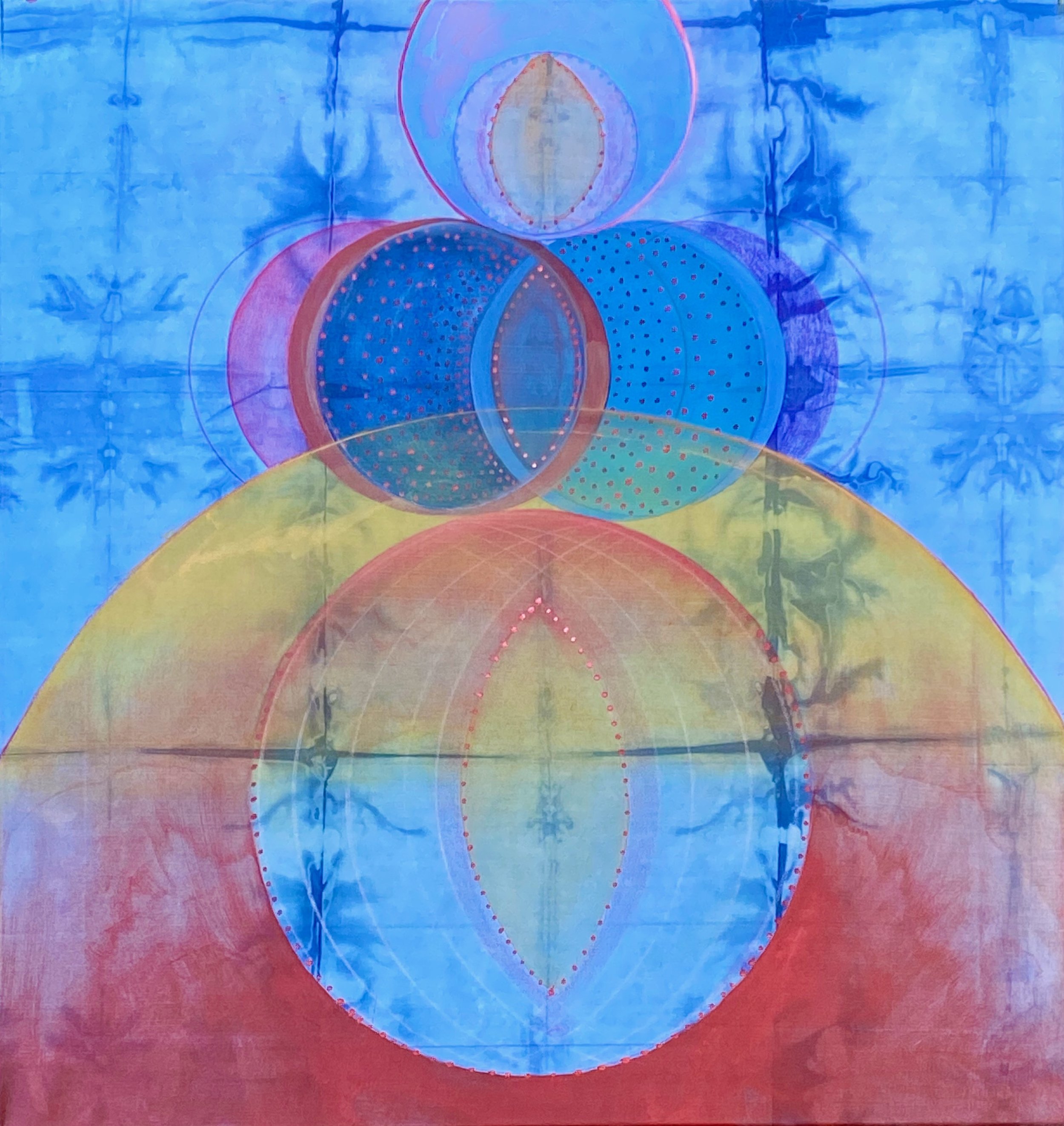 'Chromospheres', acrylic and ink on indigo-dyed cotton, 20" x 21", 2022