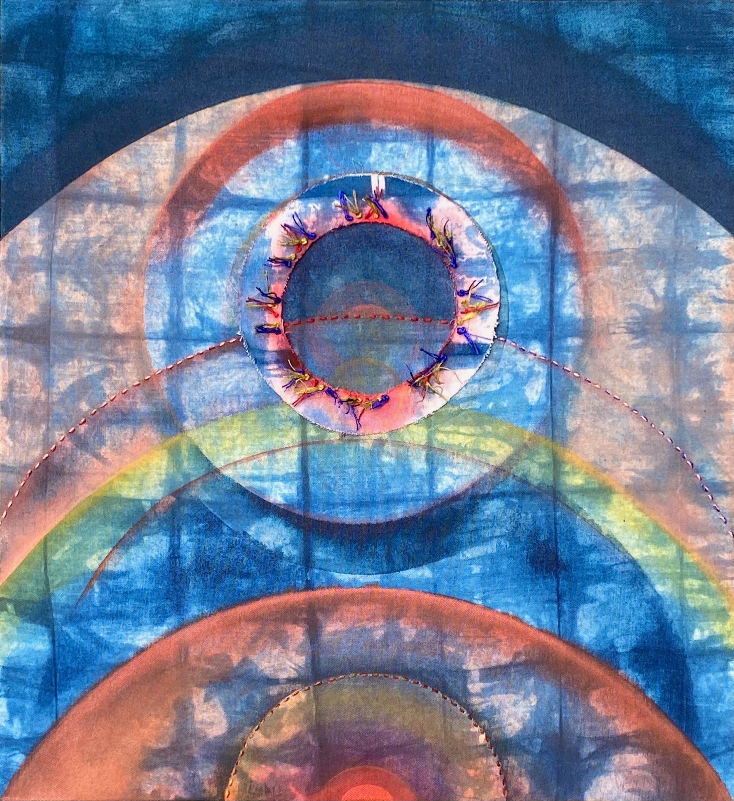 'Moon Bow', acrylic, ink, and embroidery on indigo-dyed cotton, 20" x 21", 2022