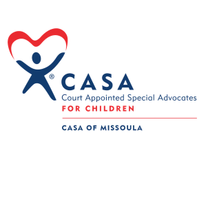 An illustrated figure holding a banner above their head next to CASA Court Appointed Special Advocates FOR CHILDREN / CASA OF MISSOULA