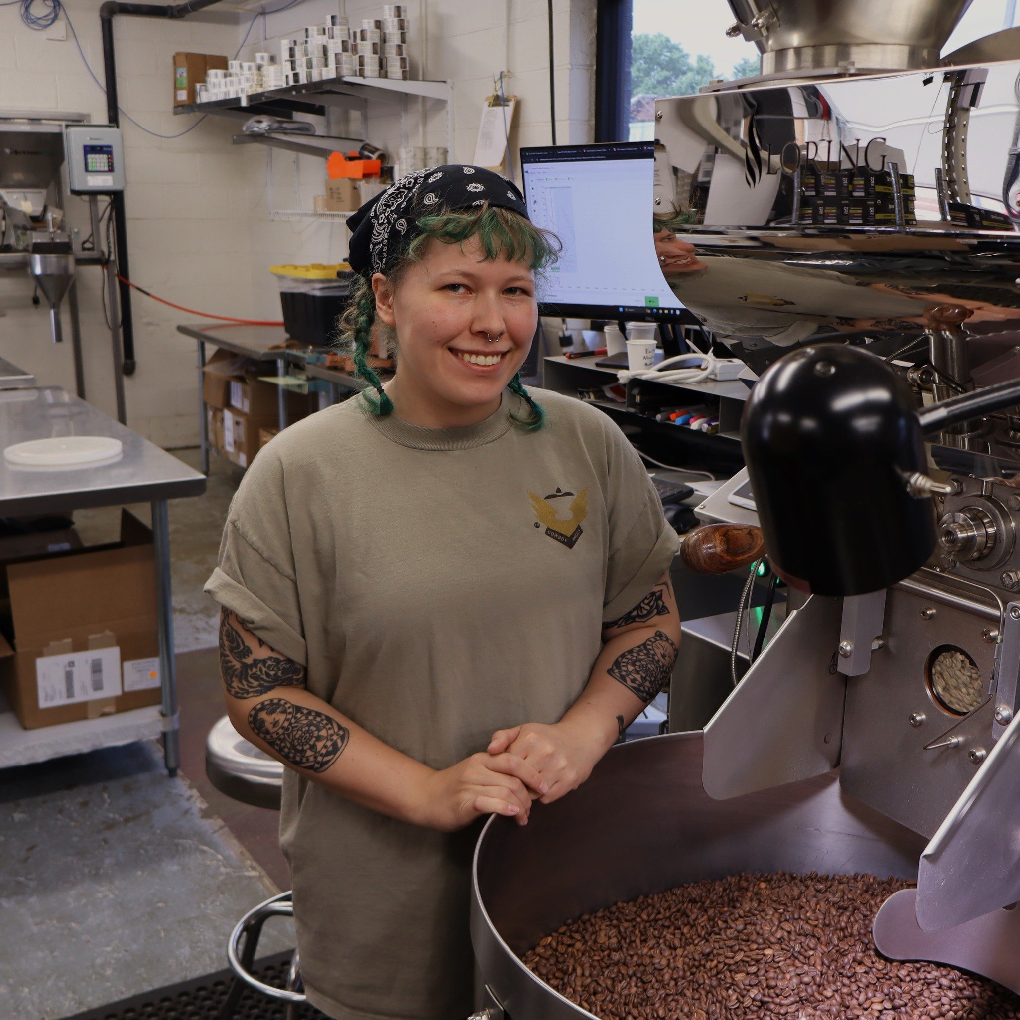 For those who don't know, this is KATRINA. She is wearing some BIG SHOES these days as she officially took over as Lead Roaster and Director of Coffee with Oscar's departure. Katrina has been with us since 2022 when we took over Mojo's in Newton. She