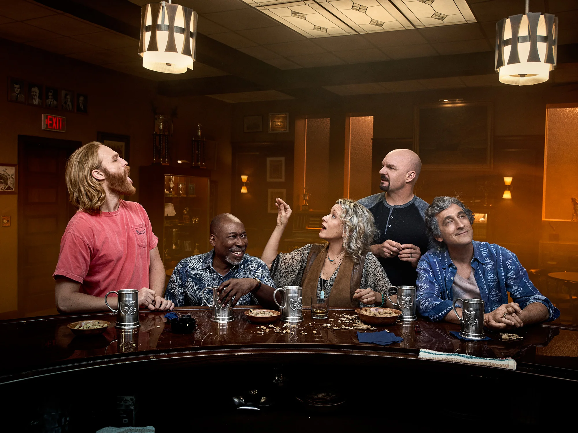  Wyatt Russell as Sean "Dud" Dudley, Brent Jennings as Ernie Fontaine, Linda Emond as Connie Wright, Eric Allan Kramer as Scott Wright, David Pasquesi as Blaise St John - Lodge 49 _ Season 1, Gallery - Photo Credit: James Minchin III/AMC 