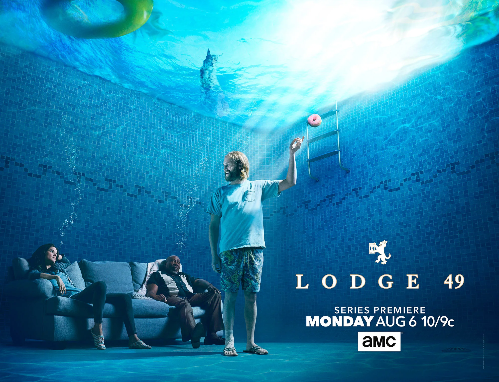  Brent Jennings as Ernie Fontaine, Sonya Cassidy as Liz Dudley, Wyatt Russell as Sean "Dud" Dudley - Lodge 49 _ Season 1, Key Art - Photo Credit: James Minchin III/AMC 