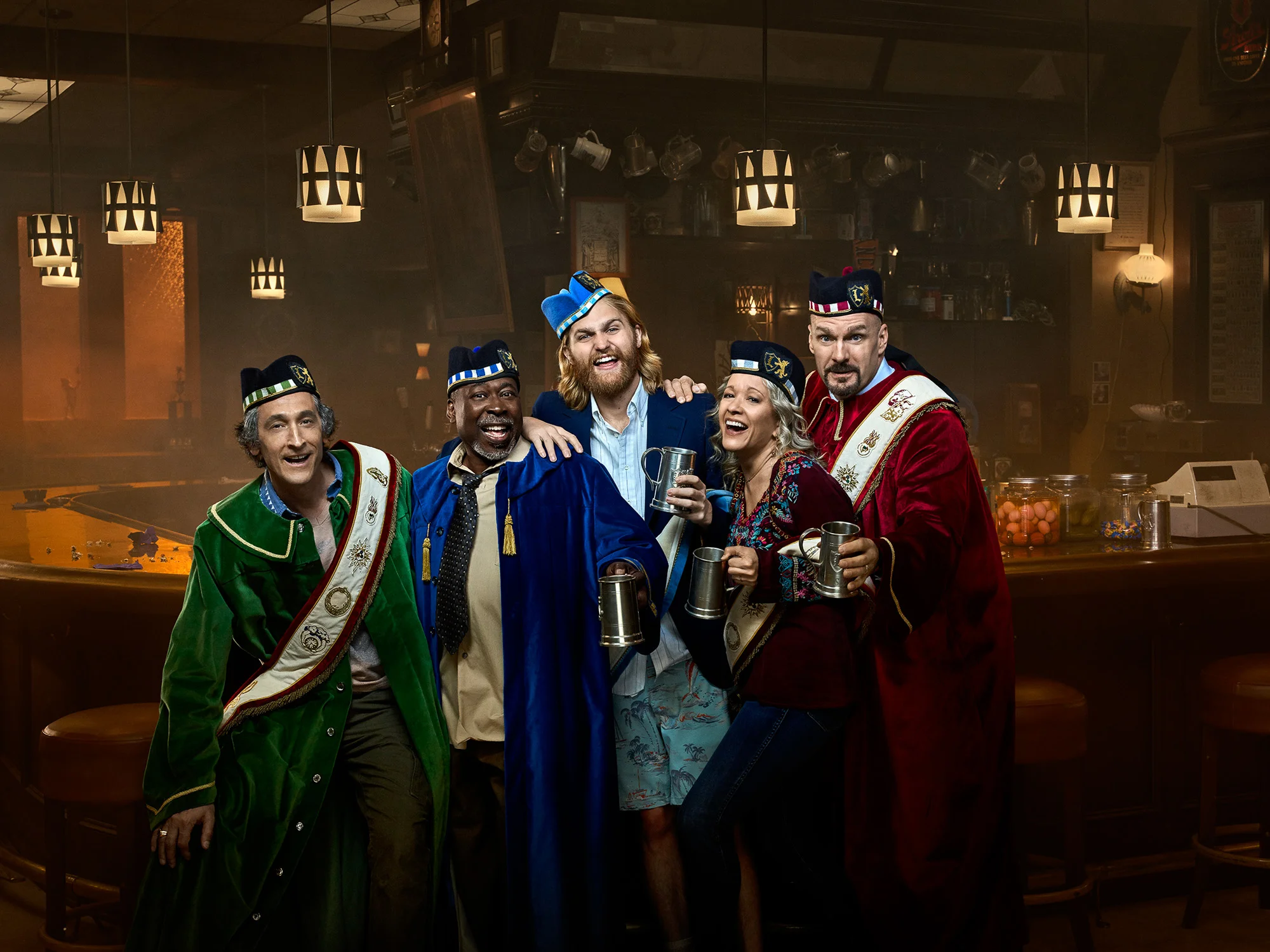  David Pasquesi as Blaise St John, Brent Jennings as Ernie Fontaine, Wyatt Russell as Sean "Dud" Dudley, Linda Emond as Connie Wright, Eric Allan Kramer as Scott Wright - Lodge 49 _ Season 1, Gallery - Photo Credit: James Minchin III/AMC 