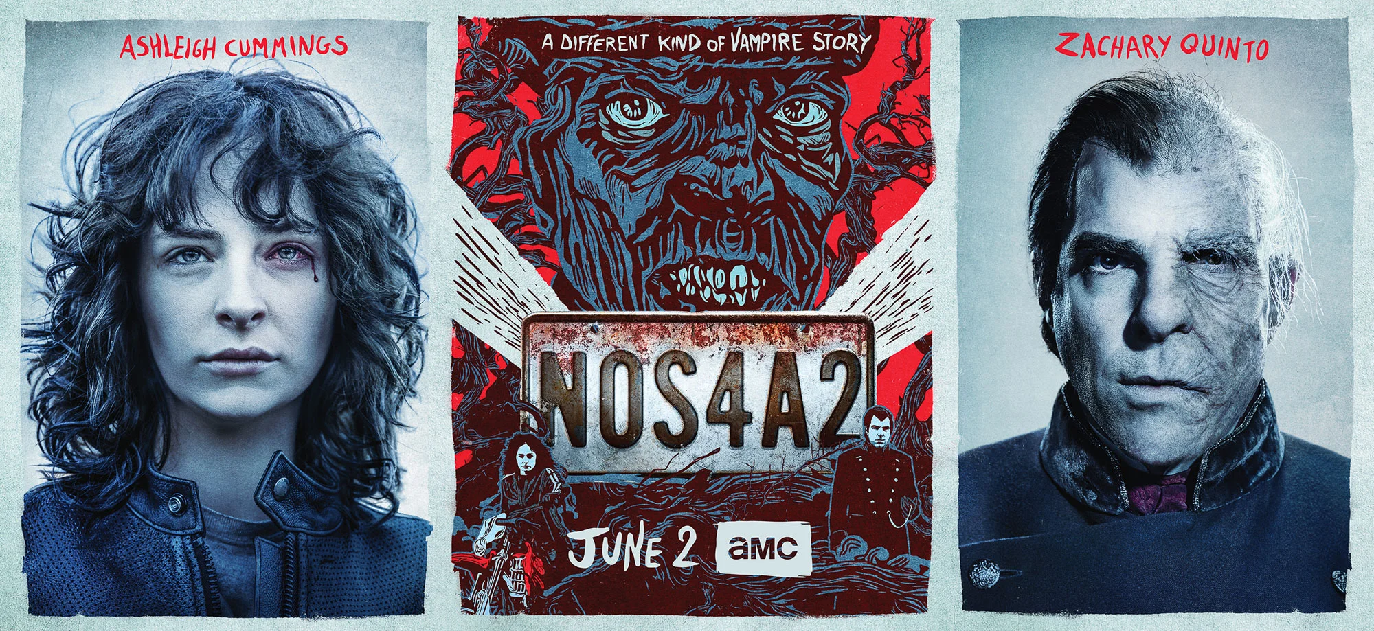  Ashleigh Cummings as Vic McQueen, Zachary Quinto as Charlie Manx - NOS4A2 _ Season 1, Key Art - Photo Credit: AMC 