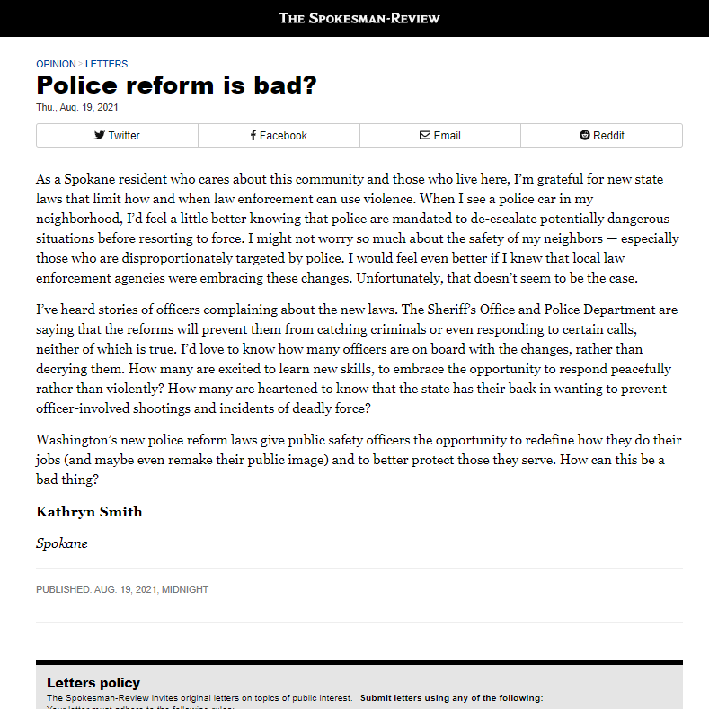 The Spokesman Review: "Police Reform is Bad?" by Kathryn Smith
