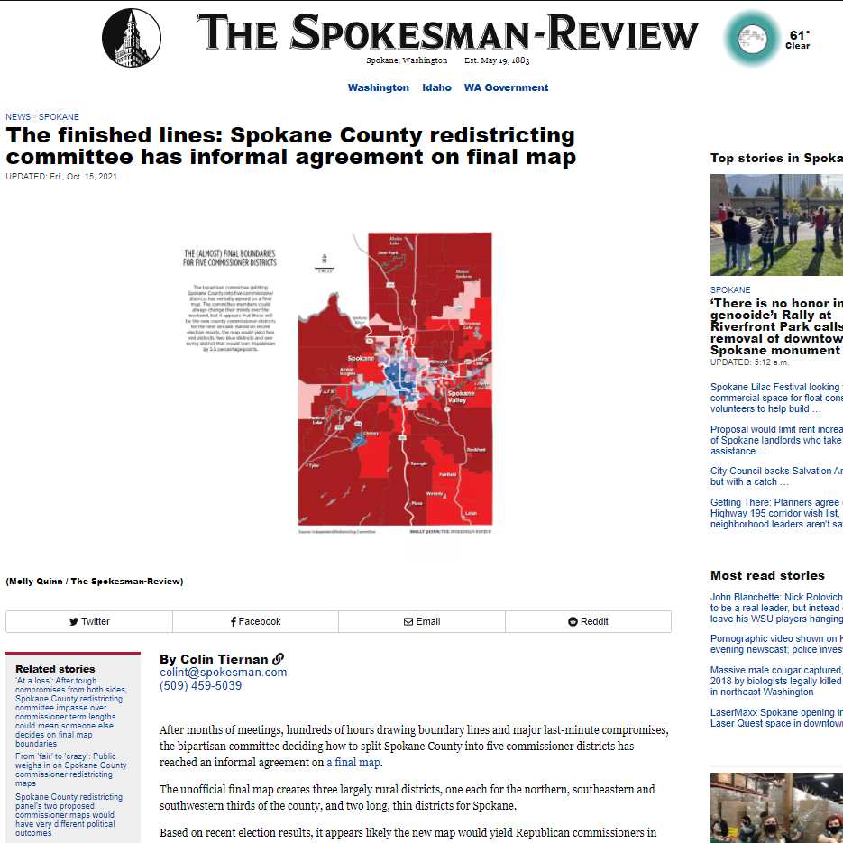 The Spokesman Review: The finished lines: Spokane County redistricting committee has informal agreement on final map
