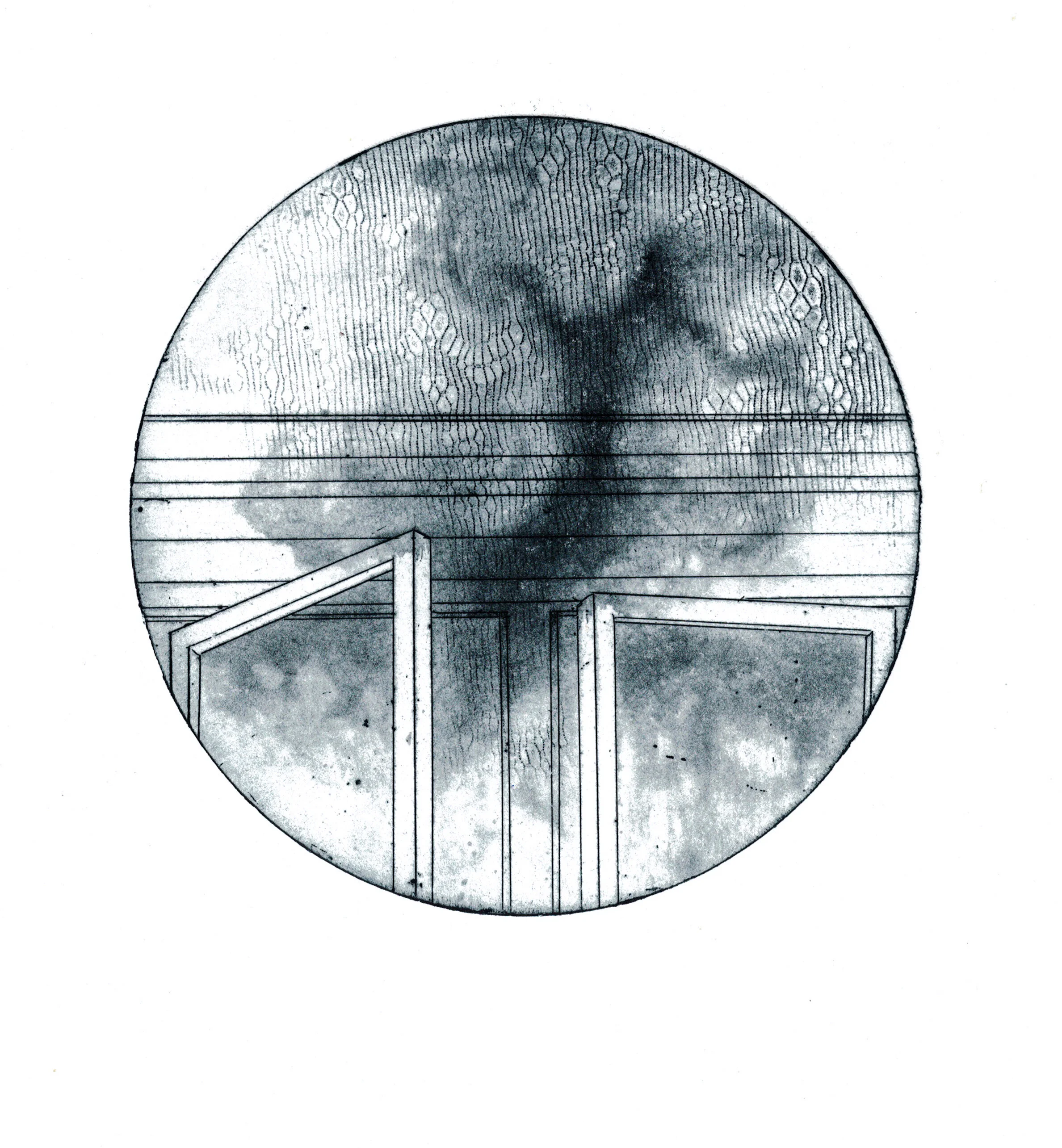  “How the Modern Stay Scared”, Intaglio print, 6” circular plate, 2019. 