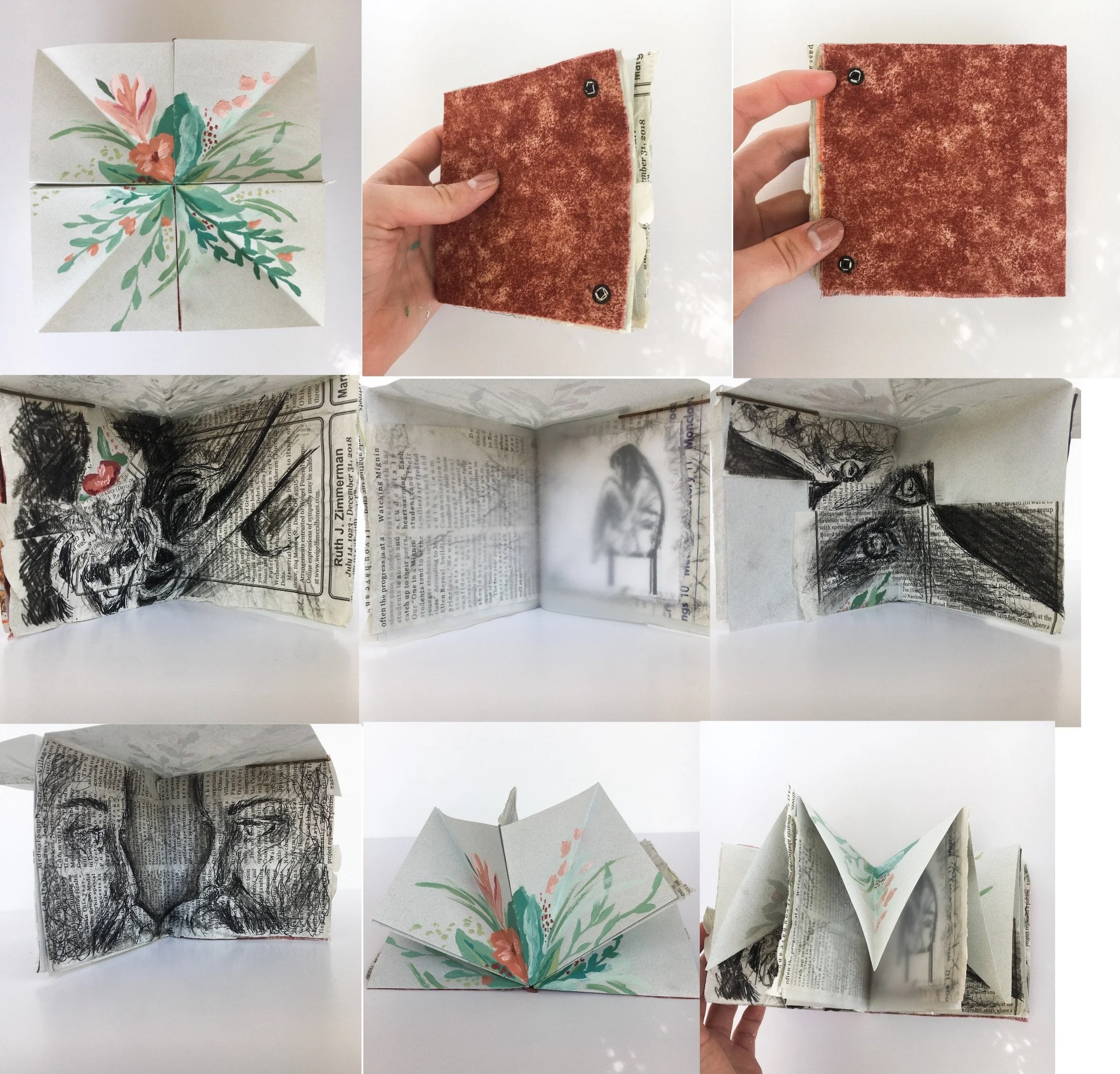  Handmade Book. Graphite, pen, ink, crayon on paper and mylar and newspaper, 6”x6”x18”. ARTS 2130 (Introduction to Printmaking), Bowling Green State University, 2020. Assignment: Non-traditional book form with found materials describing the pandemic 