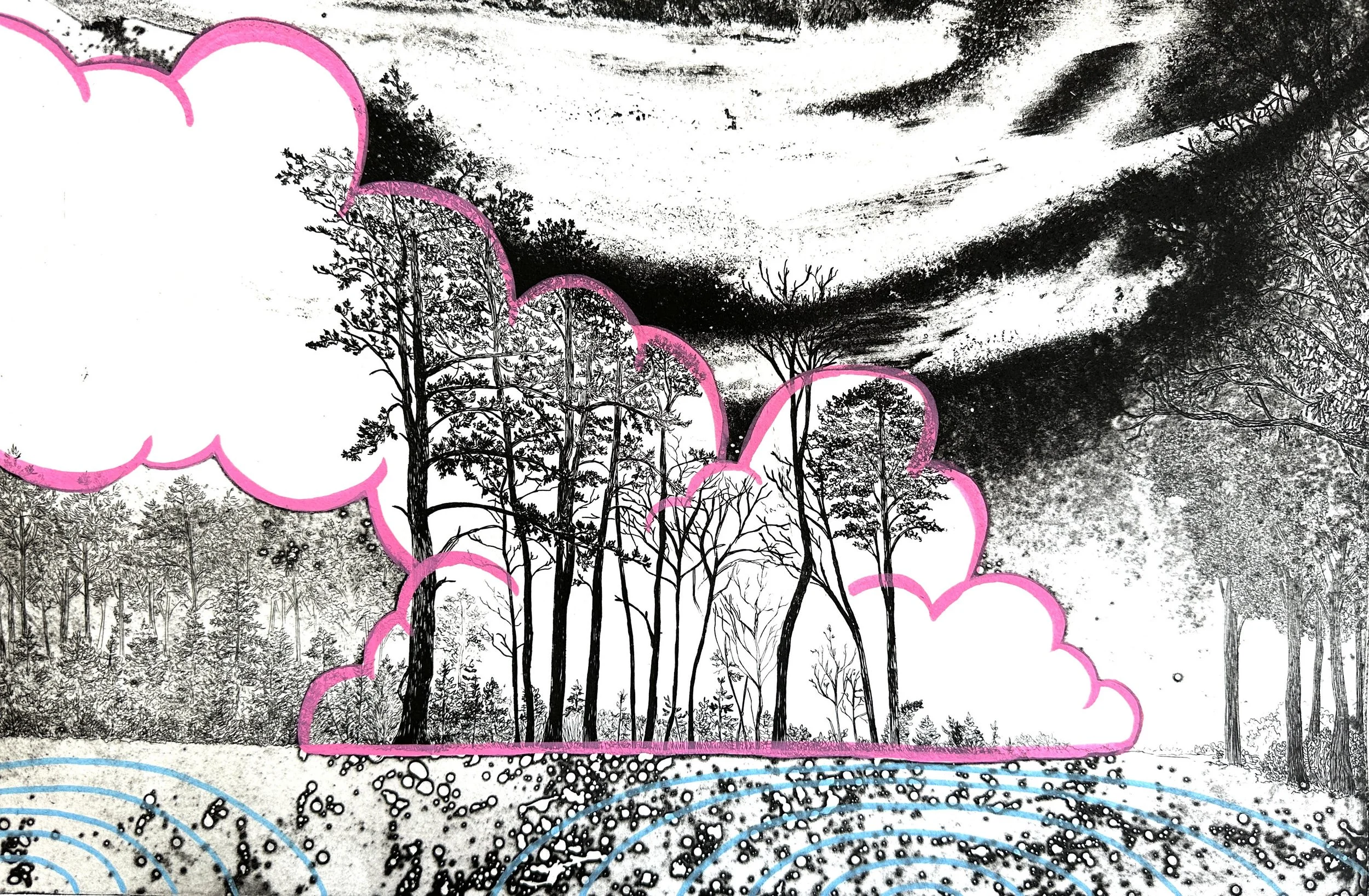   (Un)Controlled Burn,  intaglio with monoprint stencil, spit bite and open biting, 16” x 12”, 2025.  