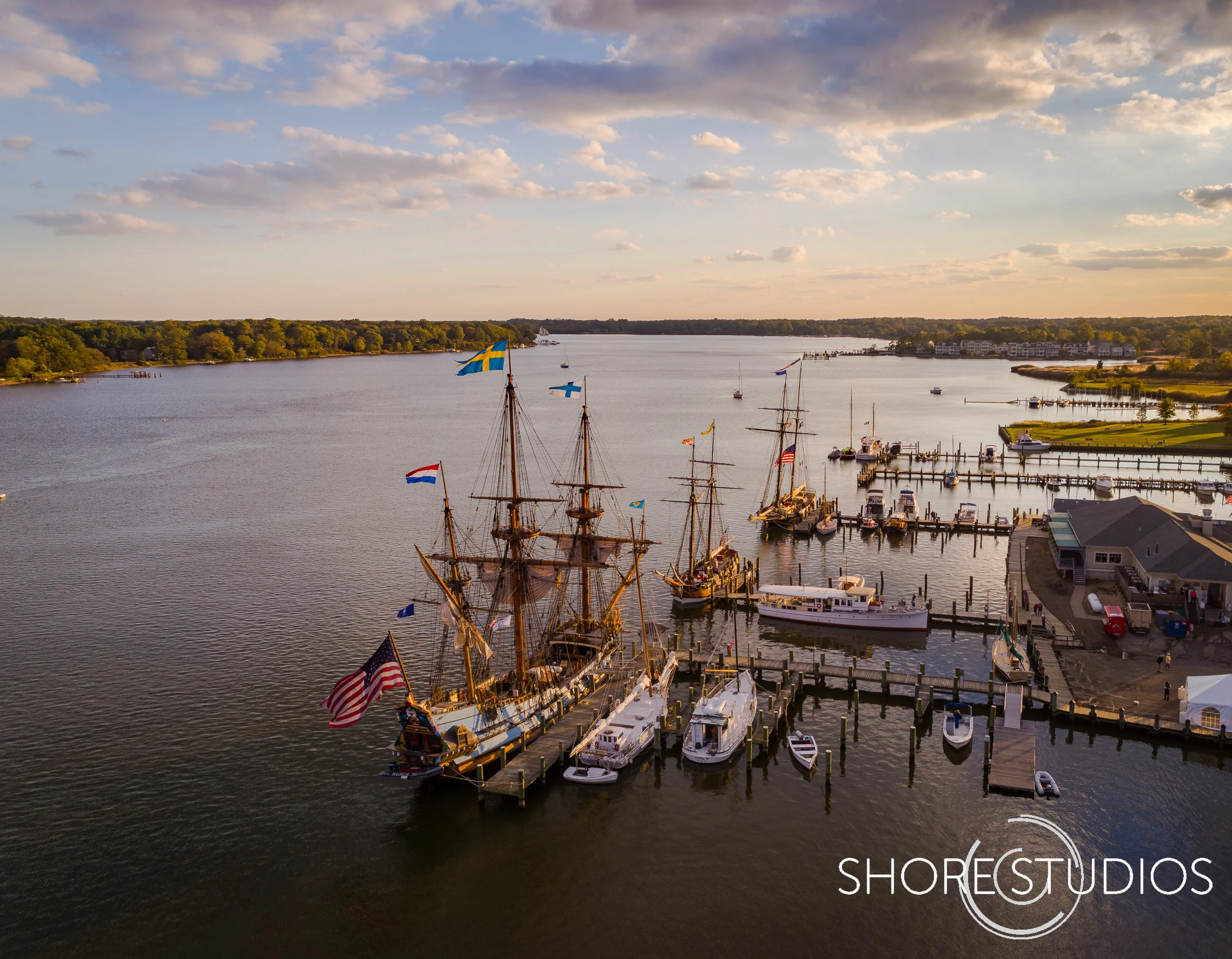 Aerial photo of Sultana Education Foundation's Downrigging Weekend Tall Ship Festival in Chestertown, MD
