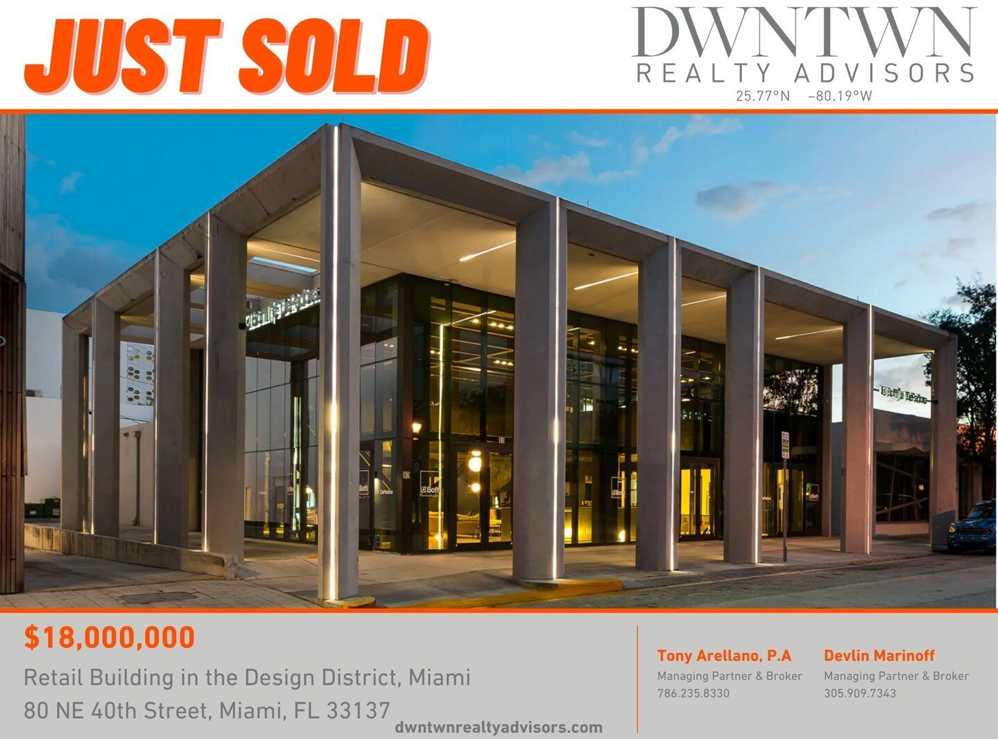 JUST SOLD FOR $18,000,000 | Retail Building in the Design District, Miami

DWNTWN Realty Advisors, the leading commercial real estate brokerage firm in Miami, proudly announces the successful completion of an $18 million sale transaction of 80 NE 40t