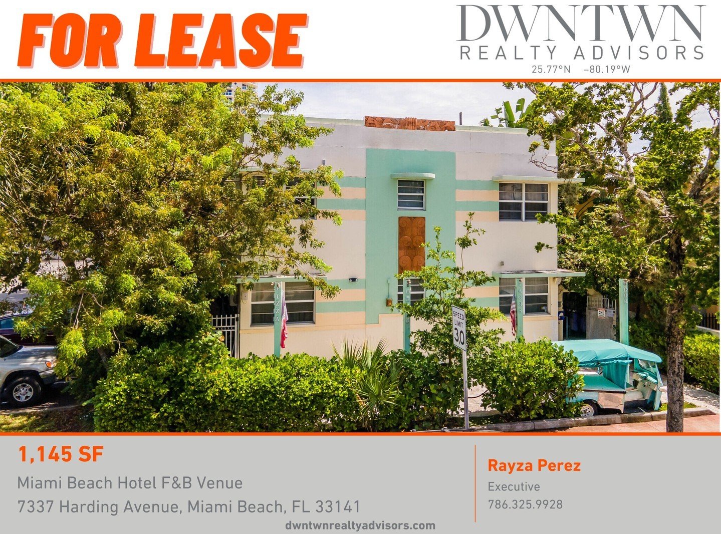 JUST LISTED FOR LEASE | 1,145 SF | Miami Beach Hotel F&amp;B Venue

DWNTWN Realty Advisors has been retained exclusively to arrange the leasing of the F&amp;B space located at 7337 Harding Avenue. Constructed in 1937, the property is a 10-room, two-s