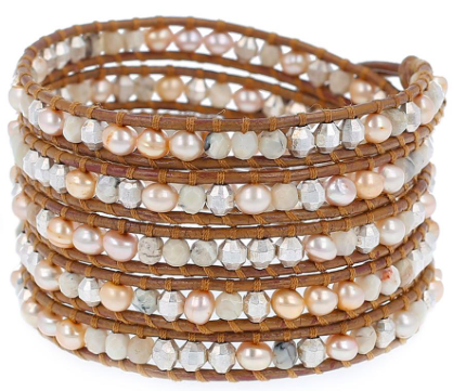 Champagne Pearl Mix Five Wrap Bracelet on Henna Leather