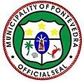 Official seal of the Municipality of Pontevedra, featuring green surrounding wreath, a blue and white shield with a star and rope design, six yellow stars above, and inscriptions around the border.