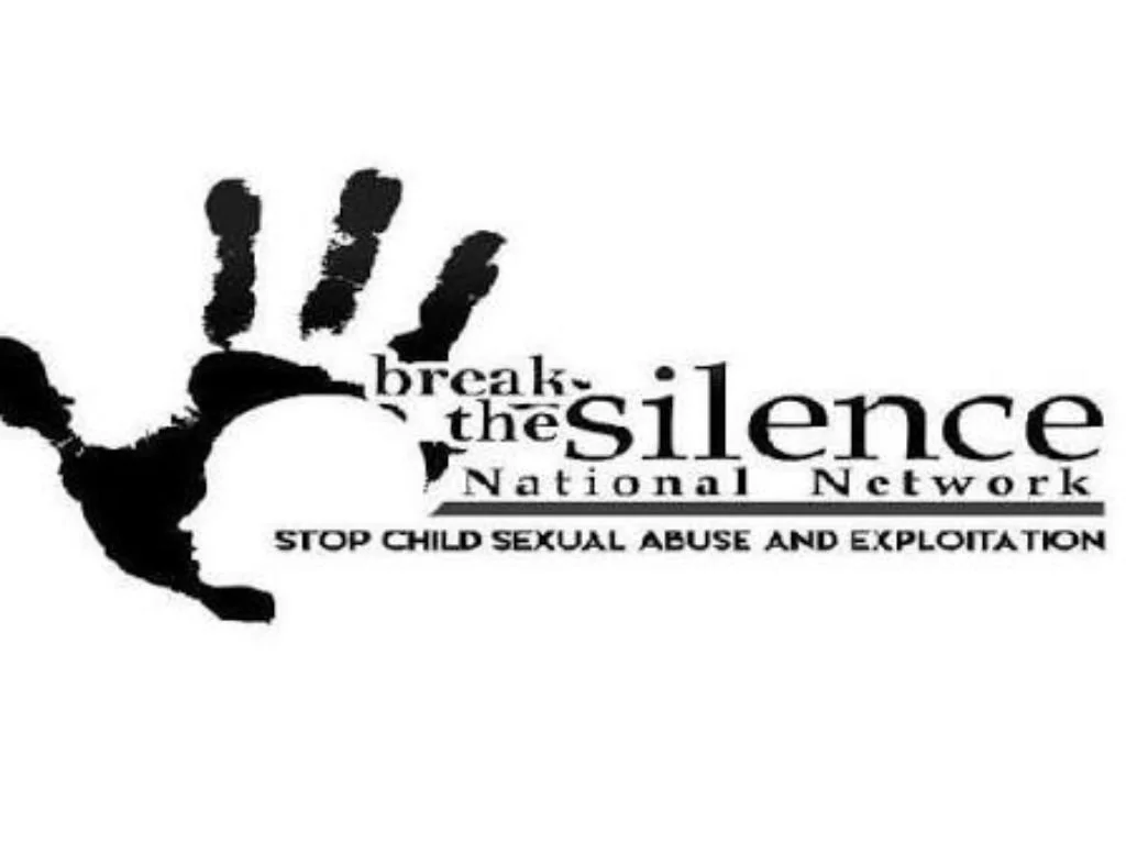 Black handprint with text that reads "break the silence National Network STOP CHILD SEXUAL ABUSE AND EXPLOITATION"