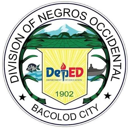 Seal of the Division of Negros Occidental, Bacolod City, featuring mountains, water, and a fish, with the Department of Education emblem and the year 1902.
