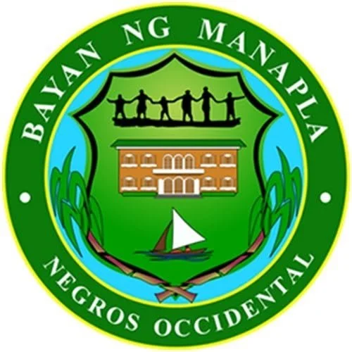 Seal of the Negros Occidental Provincial Government, featuring a green, blue, and white color scheme with a shield, a chain of five people holding hands, a building, a boat, and rice plants.