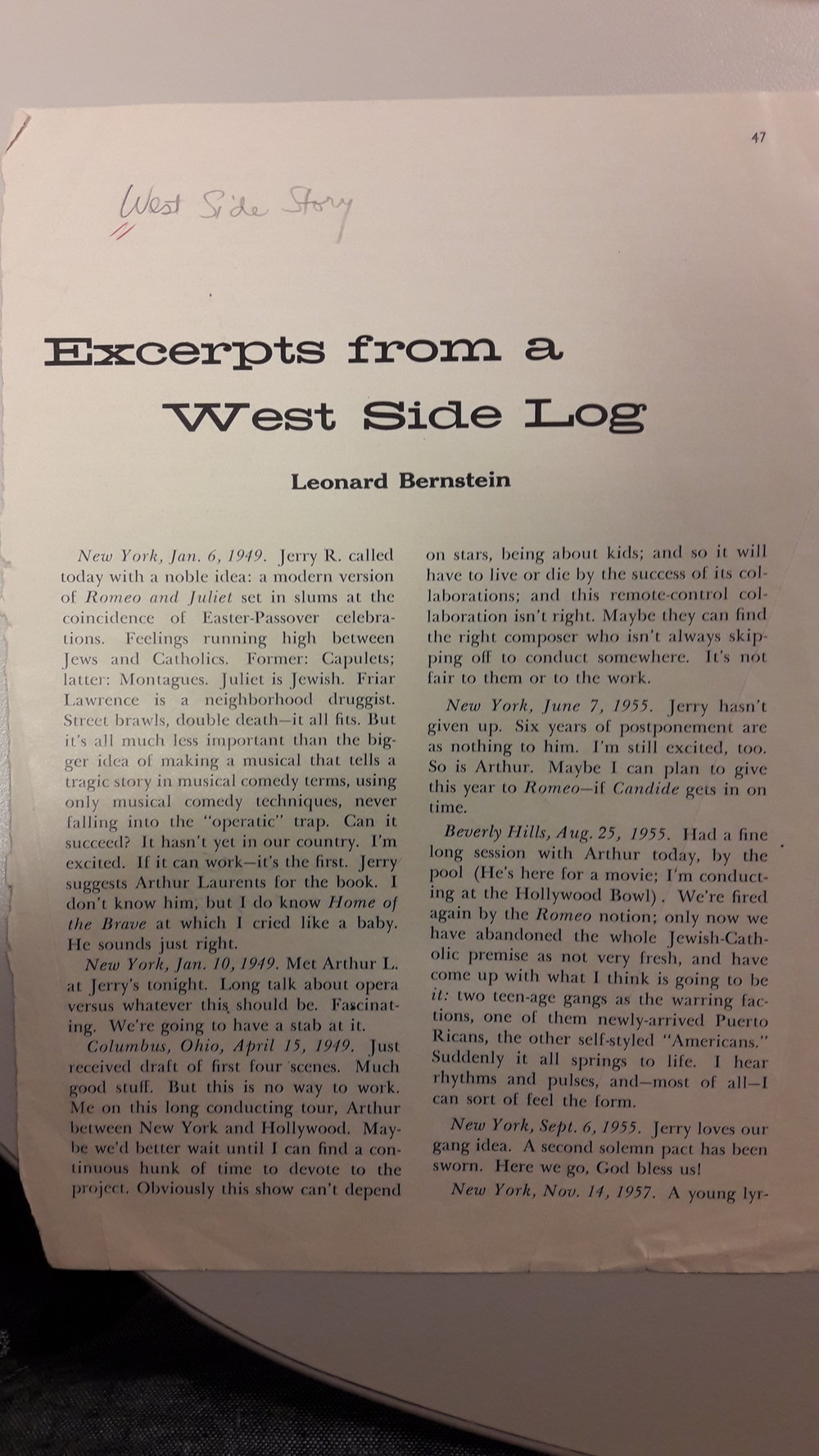 NYPL Theatre division notes from West Side Story by Bernstein