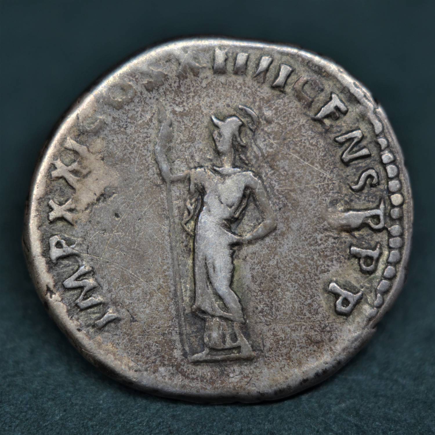 SILVER DENARIUS OF DOMITIAN, ROME, 89 AD. — FELICITAS.PERPETUA