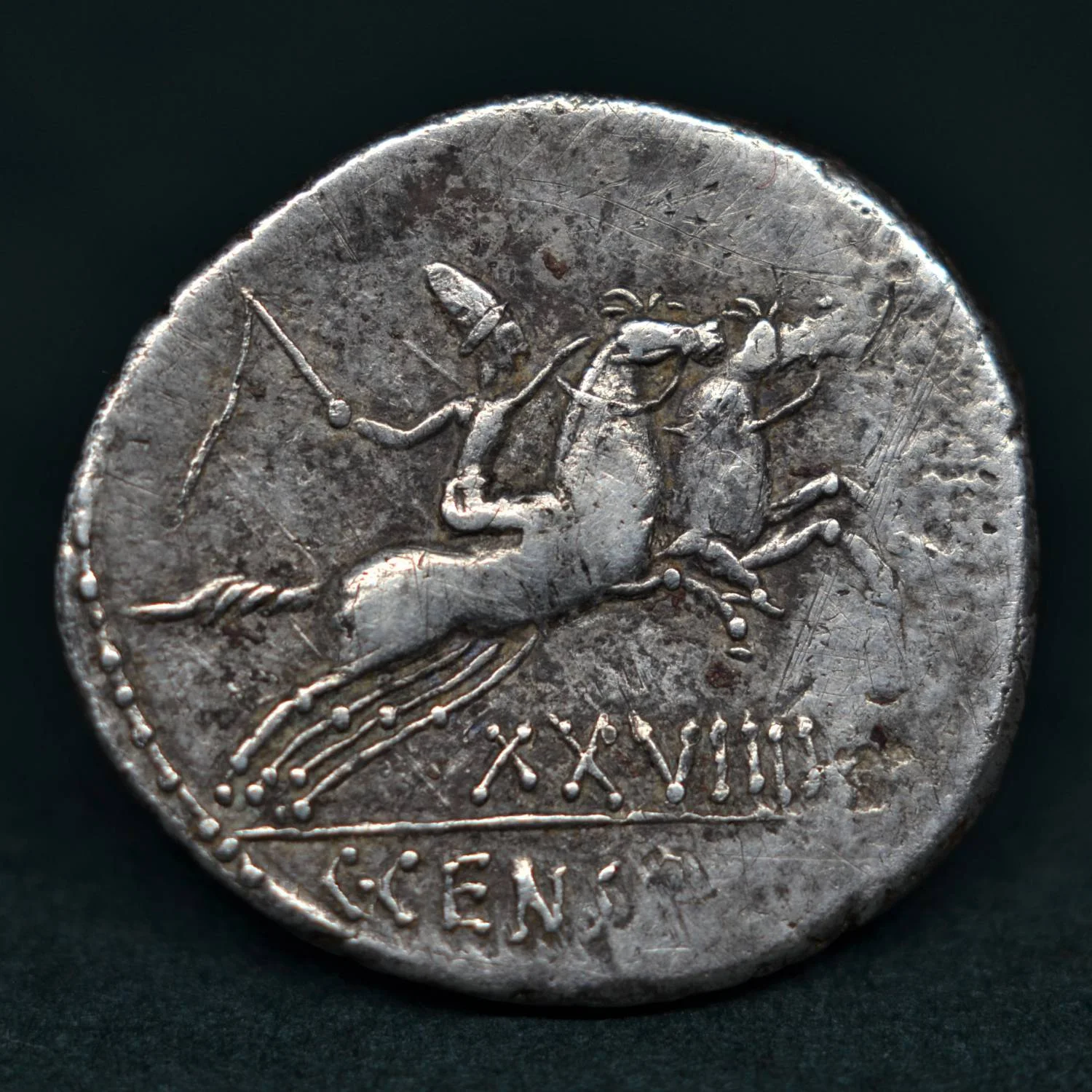 SILVER DENARIUS OF C. MARCIUS CENSORINUS, 88 BC.