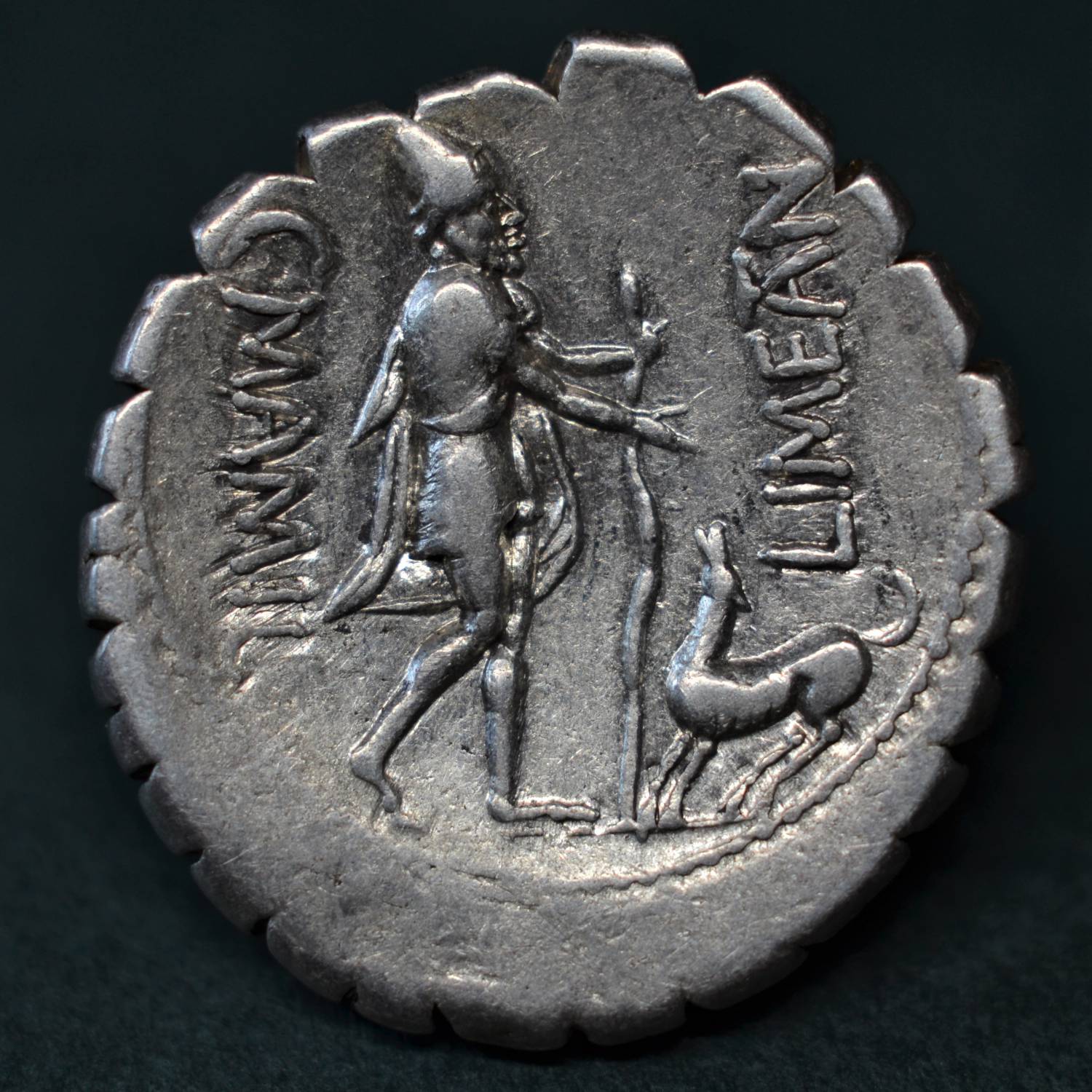 SILVER DENARIUS OF C. MAMILIUS C.F. LIMETANUS, 82 BC.