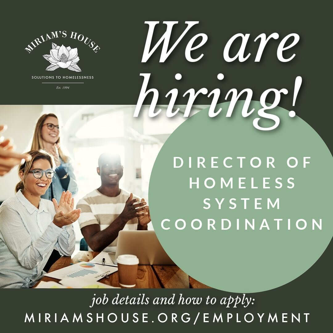 Work with us &rarr; now hiring!

The Director of Homeless System Coordination at Miriam&rsquo;s House plays a crucial role in our work to #endhomelessness.

At #MiriamsHouse, we are fiercely committed to ending homelessness and rebuilding lives for o