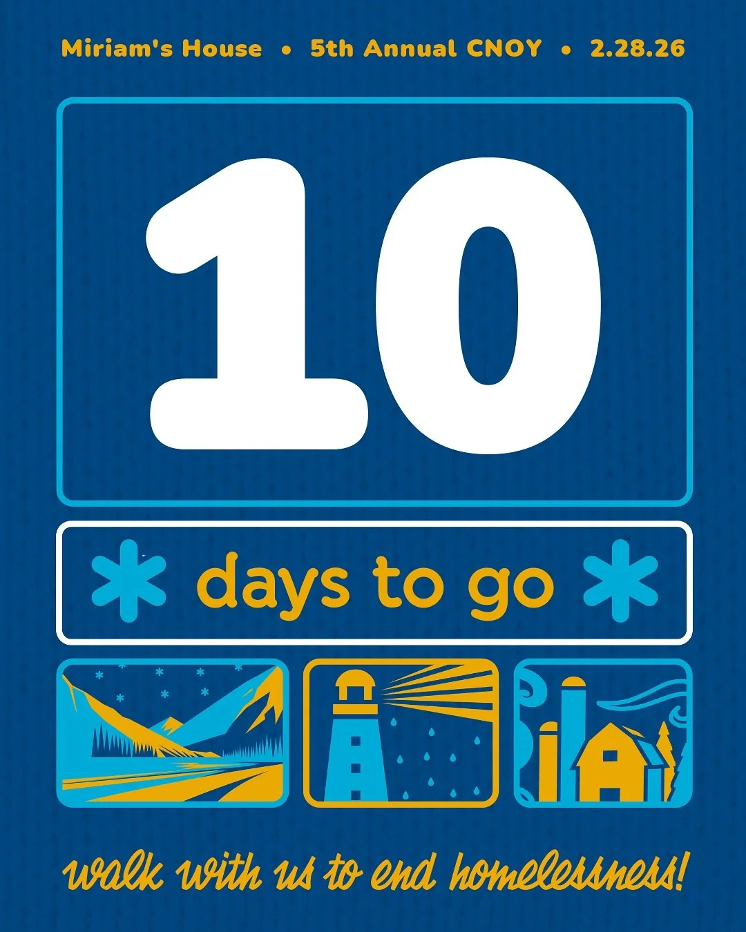 The countdown for our 5th Annual Coldest Night of the Year fundraising walk is officially ON!!

In just 🔟days, we walk to ensure that everyone in our community has a safe and warm place to call home! That means:

🚀🔟 days to reach your fundraising 