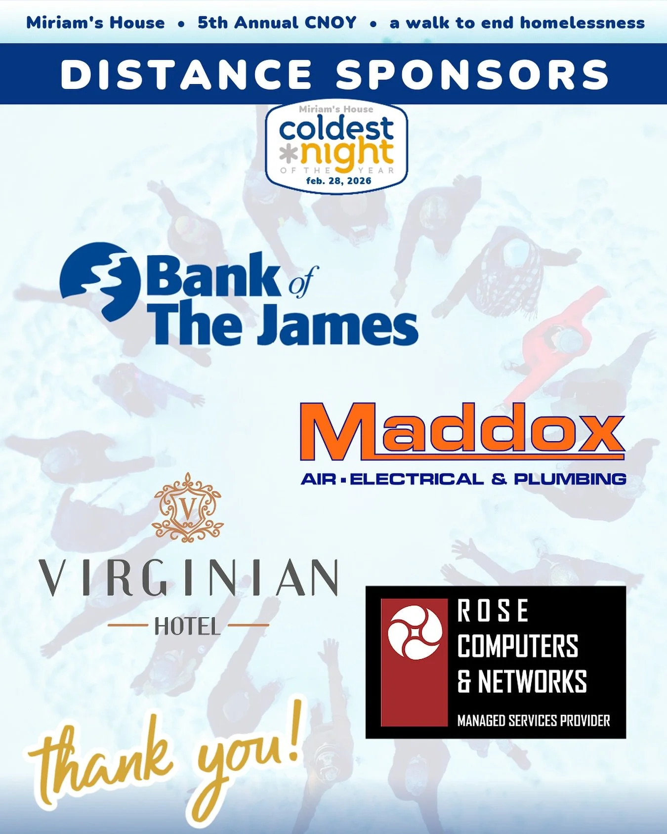 Many thanks to our Coldest Night of the Year Distance Sponsors!

*️⃣BANK OF THE JAMES
*️⃣MADDOX AIR, ELECTRICAL &amp; PLUMBING
*️⃣ROSE COMPUTERS &amp; NETWORKS
*️⃣THE VIRGINIAN HOTEL

Their support helps ensure that Coldest Night of the Year continue