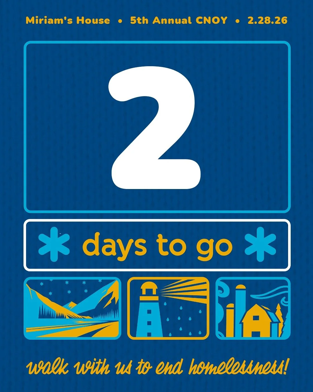 2️⃣ days till we WALK!! 

Take 2️⃣ minutes and share 2️⃣reasons why you&rsquo;re walking to end homelessness with us at Coldest Night of the Year.

We can&rsquo;t wait to see so many of you on Saturday&mdash;gathering with friends and family, meeting