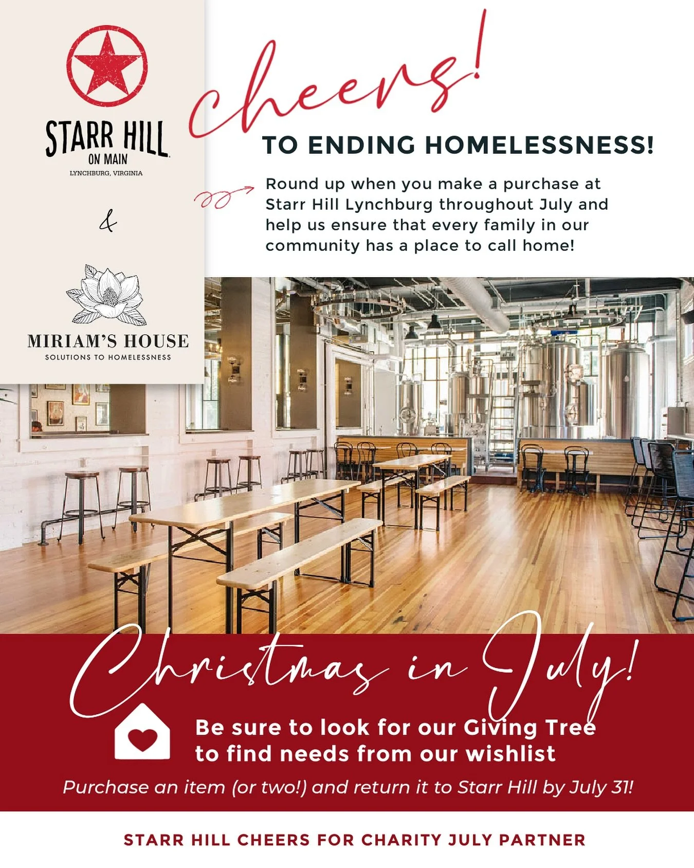Cheers to ending homelessness!
 
We&rsquo;re so grateful to be the July #CheersforCharity partner at Starr Hill Brewery in #DowntownLynchburg!
 
Throughout the month, there are two easy ways to support families experiencing homelessness:
1️⃣ Round up