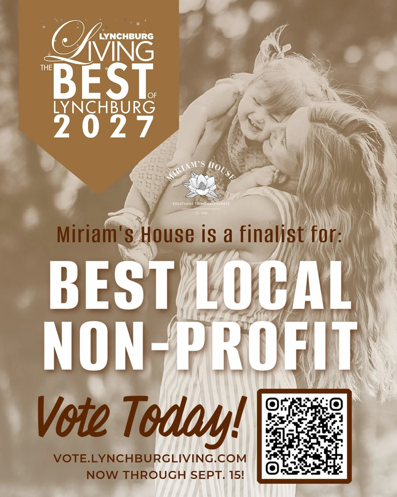 GREAT NEWS &rarr; We have made it to the finalist round for &ldquo;Best Local Non-Profit&rdquo; in the 2027 Lynchburg Living Best Of Readers&rsquo; Choice Awards!
 
If you cast your vote for us in the nominating round, thank you! Vote for Miriam&rsqu