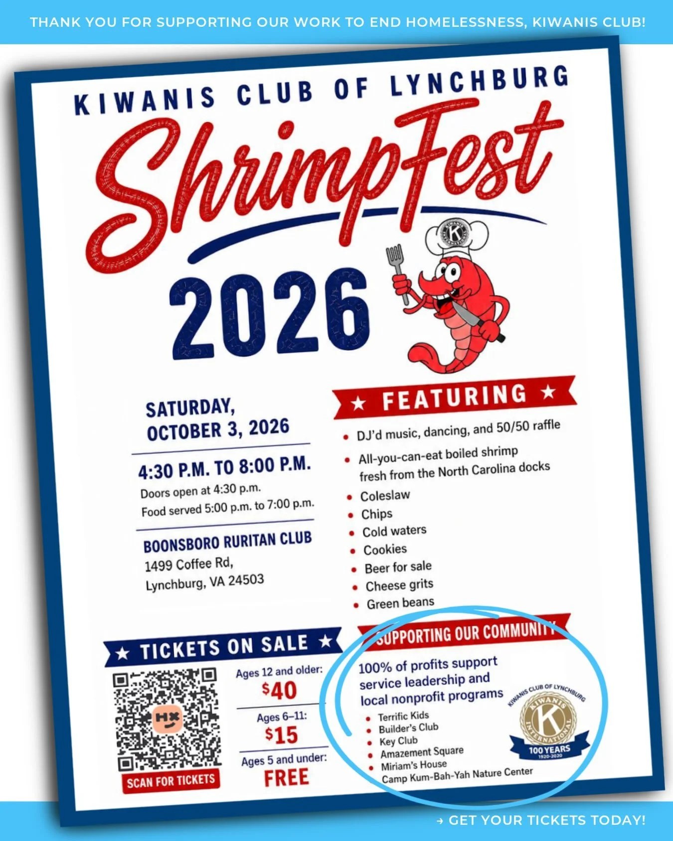 We&rsquo;re excited and grateful to once again be one of the nonprofit beneficiaries of the Kiwanis Club of Lynchburg&rsquo;s 11th Annual ShrimpFest!
 
Join Kiwanis on Saturday, October 3 at the Boonsboro Ruritan Club for ALL-YOU-CAN-EAT boiled shrim