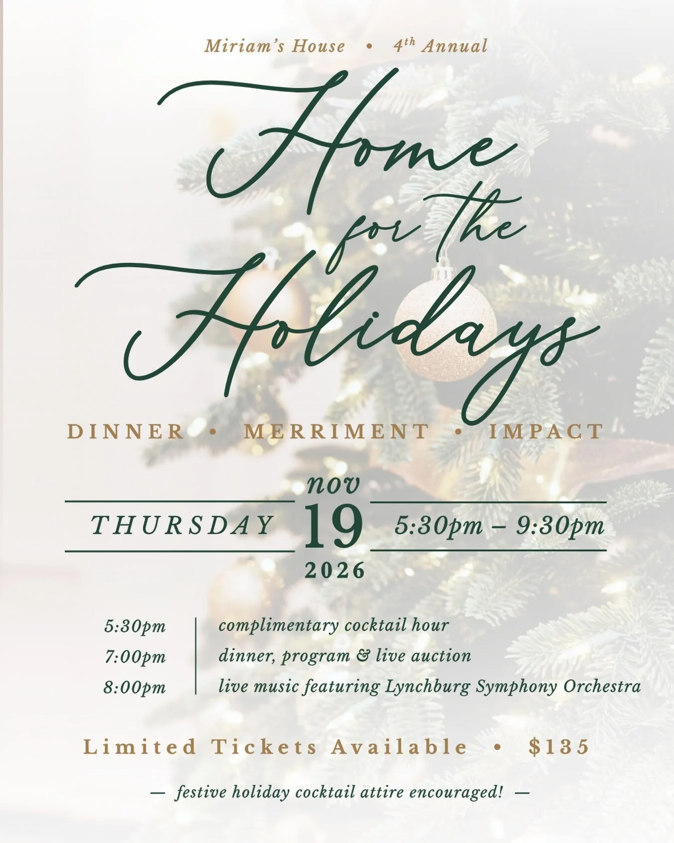 ✨Tickets are LIVE!✨
 
Join us for Miriam&rsquo;s House&rsquo;s 4th annual Home for the Holidays on Thursday, November 19 at The Virginian!
 
One of our favorite evenings of the year, Home for the Holidays brings our community together for an unforget